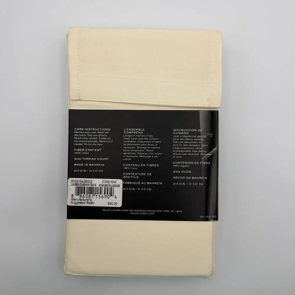 Lauren Ralph Lauren Dunham Sateen Standard Pillowcases Set 2 Cream Cotton NIP